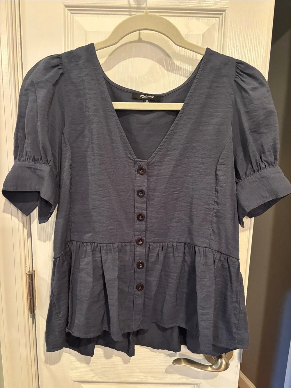 Madewell Drapeweave Puff Sleeve Peplum Top -Slate Blue